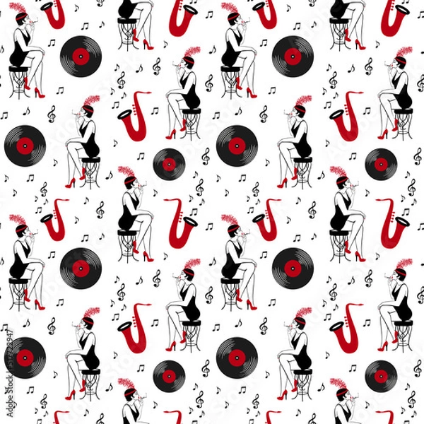 Obraz Seamless vector pattern of hand drawn black and red retro roaring 1920s objects and a smoking flapper