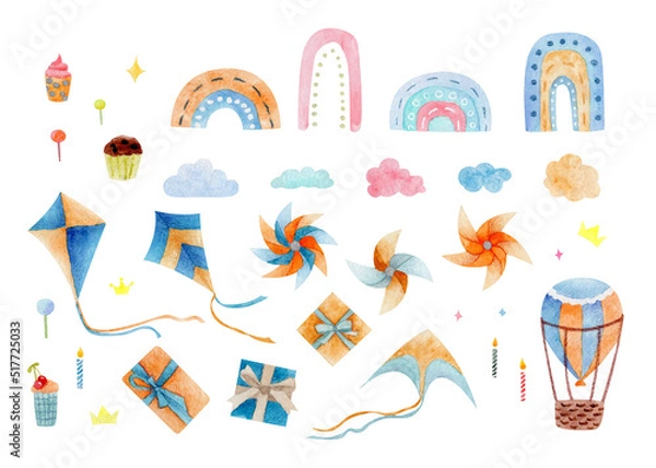 Fototapeta Baby watercolor set on isolated white background. For designing greeting cards, social media, stationery, printing on objects, etc.