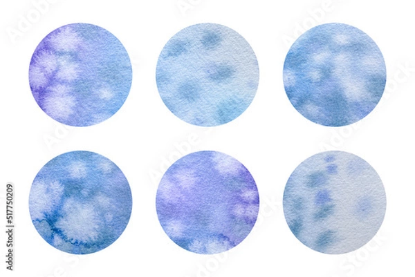 Fototapeta Round watercolor stickers set isolated on white background. Blue violet abstraction with spots and strokes