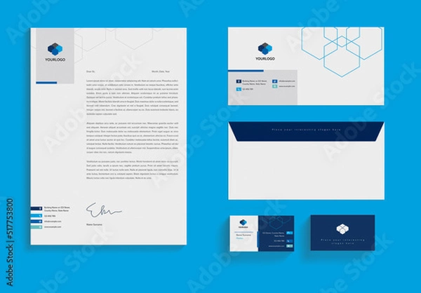 Fototapeta Stationery Set with Abstract Geometric Hexagon Elements in Blue Color