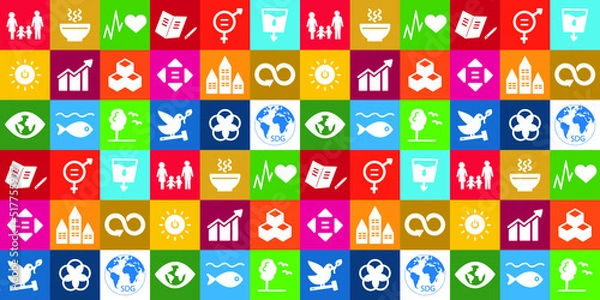 Obraz Sustainable Development Goals set by the United Nations General Assembly, Agenda 2030. Seamless pattern with isolated SDG icons. Vector illustration EPS 10, editable, without clipping mask
