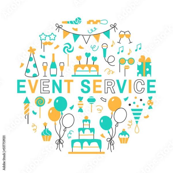 Fototapeta Event service circle concept on white background. Flat line color Birthday party holiday text frame for banner postcard design. Festive balloons cake muffin present confetti drinks vector illustration