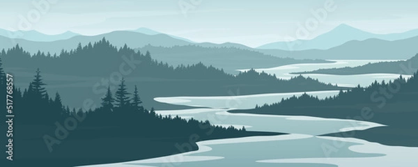 Fototapeta landscape of mountains and pine forests mountain and river mountain vector image Templates for designing presentations and posters.