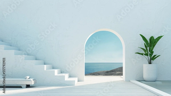 Obraz Mediterranean luxury gate wall to the sea view and stair - Santorini island style - 3D rendering