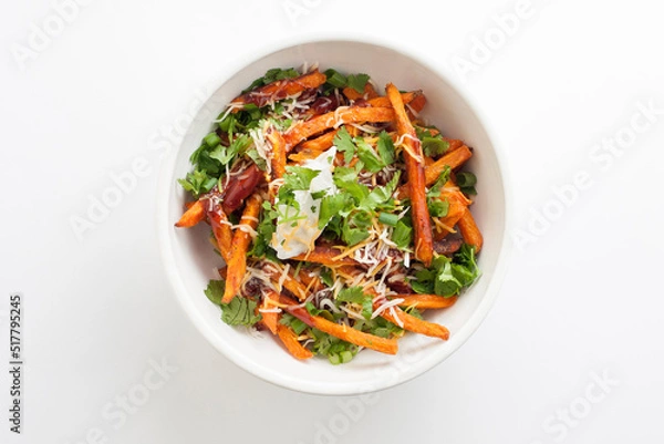 Obraz Loaded Sweet Potato Fries with cheese, cilantro, sour cream NS barbecue sauce