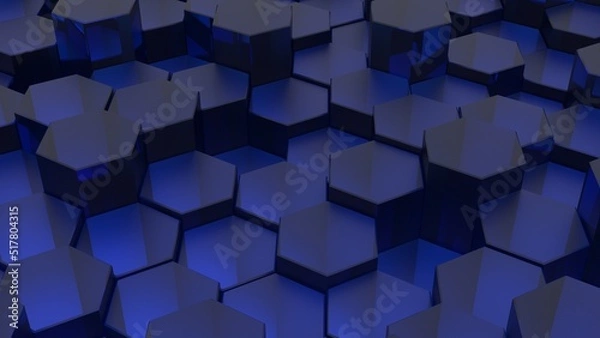 Fototapeta Abstract background with waves made of black futuristic honeycomb mosaic hexagon geometry primitive forms that goes up and down under blue back-lighting. 3D illustration. 3D CG. High resolution.