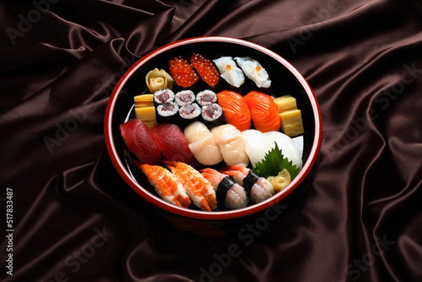 Obraz Sushi Set sashimi and sushi rolls served in traditional Japan round plate