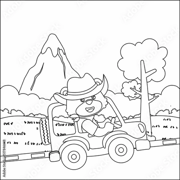Obraz Cute little monkey driving a car go to forest funny animal cartoon,  Trendy children graphic with Line Art Design Hand Drawing Sketch Vector illustration For Adult And Kids Coloring Book.