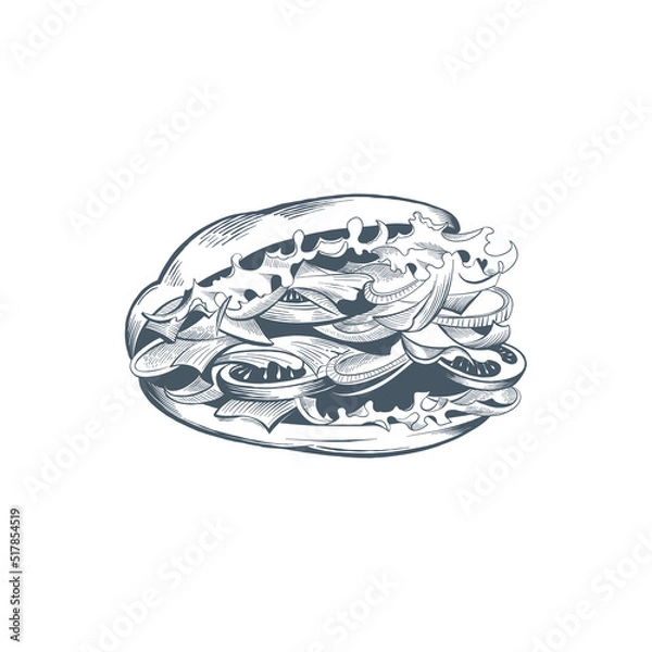 Obraz Doner kebab  with meat, vegetables and tzatziki sauce in pita bread. Hand drawn vector illustration