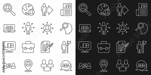 Fototapeta Set line Project team base, Man holding flag, Magnifying glass for search job, Leader of of executives, Multitasking manager working, and icon. Vector