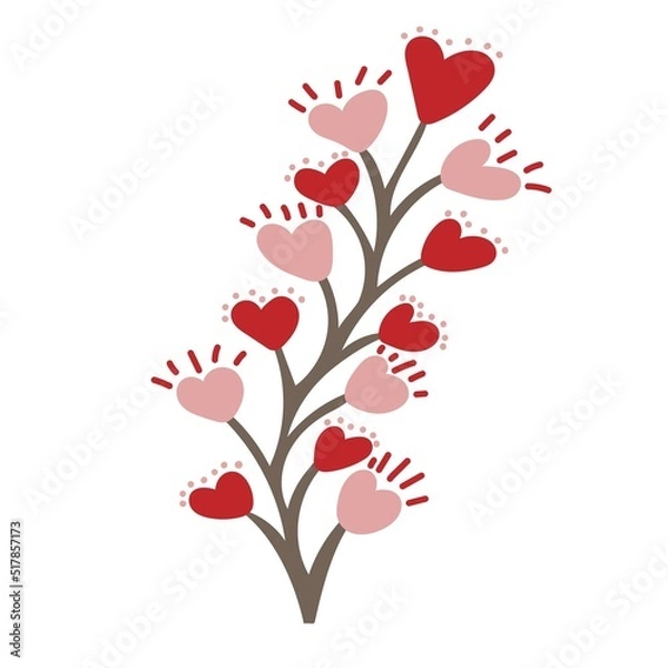 Fototapeta Branch with flowers of heart shape. Love and Valentine's day concept. Design element for greeting cards, invitations, posters. Hand drawn vector illustration