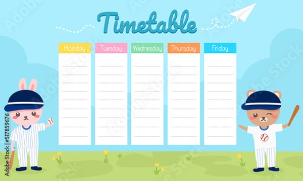 Obraz School timetable, weekly classes schedule with cute rabbit in baseball theme.