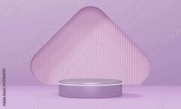 Fototapeta Empty minimalistic pink podium with white rim in studio lighting. A single cylinder on a pink background with an opening in the form of a rhombus with rounded edges. 3d render
