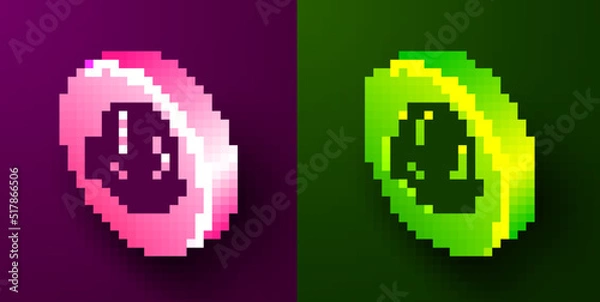 Fototapeta Isometric line Money with shield icon isolated on purple and green background. Insurance concept. Security, safety, protection, protect concept. Circle button. Vector