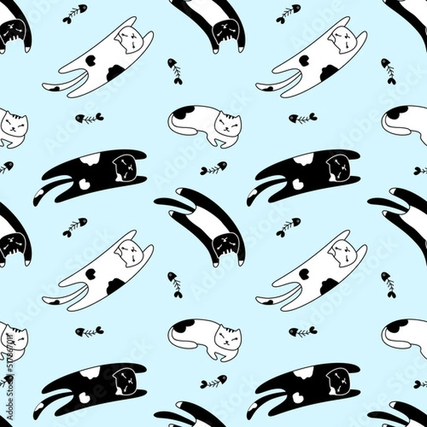 Obraz Seamless pattern lazy cat lay on blue background.