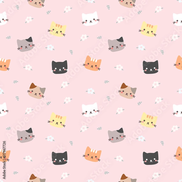 Obraz Seamless pattern cute cat on pink background.