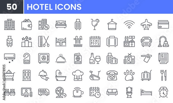 Obraz Hotel vector line icon set. Contains linear outline icons like Wifi, Bed, Shower, Room, Bath, Pool, Restaurant, Service, Plane, TV, Air, Bag, Gym, Luggage, Travel, Date. Editable use and stroke.