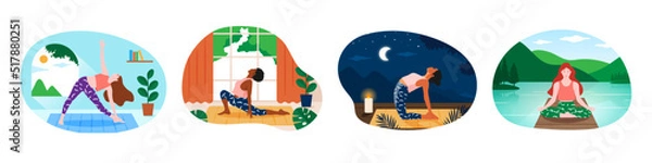 Obraz A set of young women practices yoga at home or in the nature