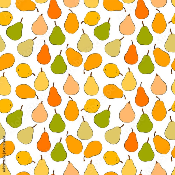 Fototapeta A set of seamless patterns of pears, leaves, fruits and flowers, 1000x1000 pixels. Vector graphics