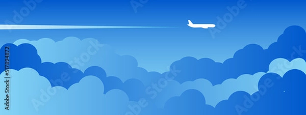 Fototapeta Airplane flying above clouds. Jet plane with exhaust white trail. Blue gradient and white plane silhouette. White and transparent clouds on the blue sky.
