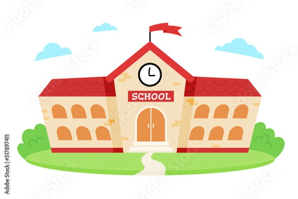 Obraz School building with red roof in the road scene