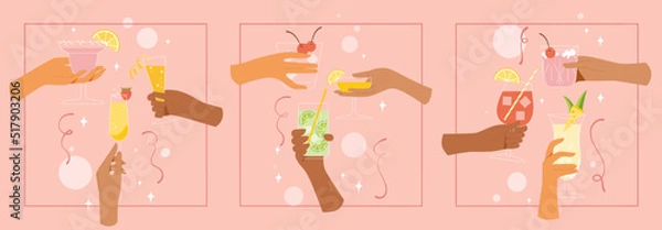 Fototapeta Hand holding cocktail cheers and drinking toast. Set of glasses with alcohol. Company of people celebrating in summer with cold drinks. Concept of spending weekend outdoors. Vector flat design.