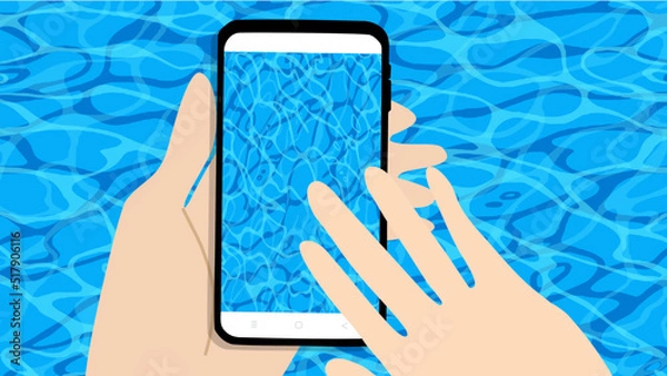 Fototapeta A hand is holding a black mobile phone another hand is taking pictures of blue water, realistic minimalist illustration vector