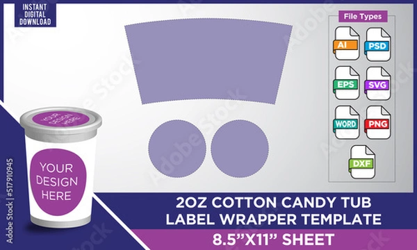 Obraz 2oz Cotton candy tub label wrapper Template 8.5”x11” paper sheet. It is blank template perfect for creating your own personalized objects! 