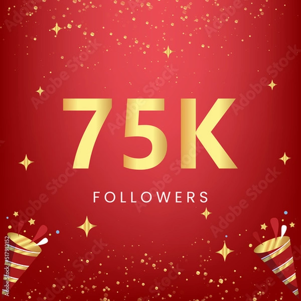 Obraz Thank you 75k or 75 thousand followers with gold bokeh and star isolated on red background. Premium design for social media story, social sites posts, greeting card, social networks, poster, banner.