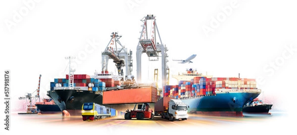 Obraz Global business logistics transport import export and International trade concept, Logistics distribution of containers cargo freight ship, Truck and train on white background, Transportation industry