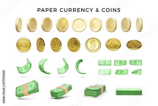 Fototapeta Set of 3D render gold coins and green paper currency. Wad of green dollars for business banners and concepts. Realistic money in cartoon style