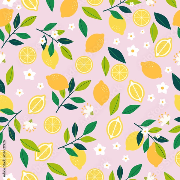 Fototapeta Vector citrus pattern. Lemon seamless background with lemon fruit, flowers, slices, leaves and branches. Summer fruit. 