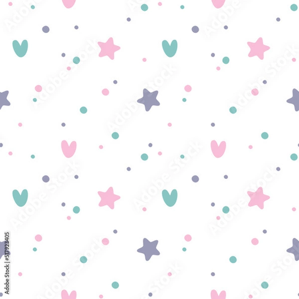 Fototapeta Seamless patterns for kids.  Cute pattern with stars and hearts for the children's clothing, design wall art, kid's products and room decor. Vector illustration.