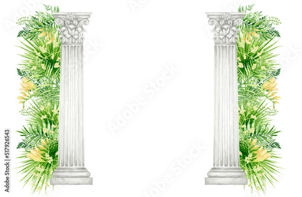 Fototapeta Watercolor antique corinthian column with tropical leaves flowers, Ancient Classic Greek Corinthian order, Roman Columns frame, Pillar Architecture drawing illustration isolated on white background