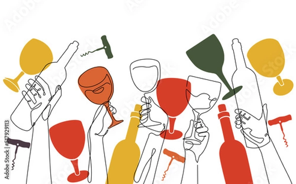 Fototapeta Pattern with Bottles, Glasses and corkscrew. Abstract Wine background. Vector illustration.