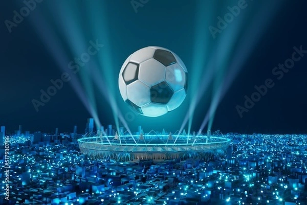 Fototapeta football ball object in the abstract background. light neon shape digital concept. ball symbol graphic sports. 3d illustrator. depth blur background. space night glitter effect. motion line design