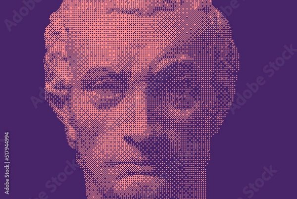Obraz Modern creative colored graphic sculpture with dark background . Digital texture with antique statue head in bitmap style. Contemporary art poster. Funky unusual design. Fashion aesthetic culture.