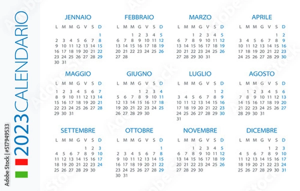 Fototapeta Calendar 2023 year Horizontal - vector template illustration. Italian version
