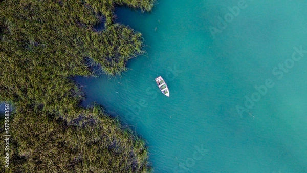 Obraz aerial view of boat in the reeds