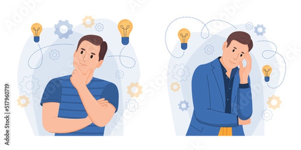 Fototapeta Illustration of brainstorming and man.Businessman coming up with creative ideas. Vecter Illustration in flat style. Set of concepts.