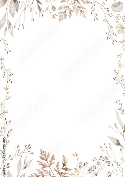 Fototapeta Watercolor frame with wild branches, grass, plants. Floral wreath, botanical wedding invitation. Ethereal leaves and branches. Pressed, dried bouquet