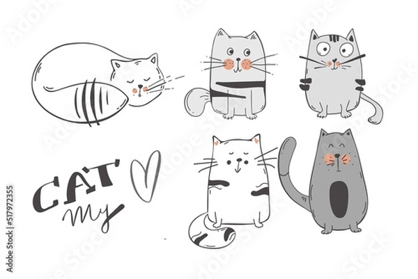 Fototapeta Vector illustration set of character design outline of cat Draw doodle style. isolated on white. Vector illustration