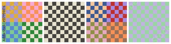 Fototapeta Colorful trendy checker board square seamless pattern collection. Set of geometric pastel square background in vintage 90s style. 
