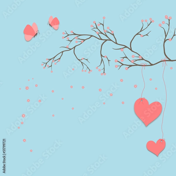 Fototapeta Liebesgruß mit Schmetterlingen und Kirschzweig