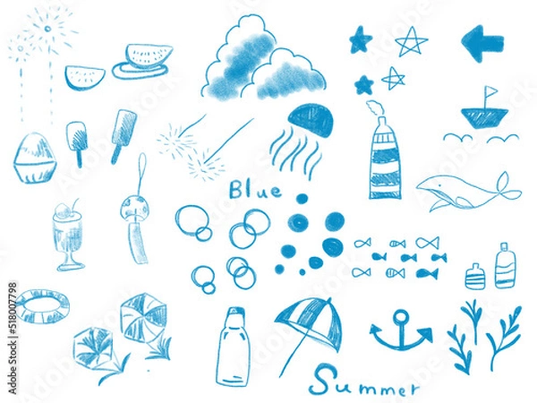 Fototapeta 夏のイラスト、色鉛筆手書き風、ゆるいイラスト,スケッチ
クラゲ、パラソル、入道雲、スイカ、風鈴、泡、ラムネ、水、アイス、ほし、鯨、魚、