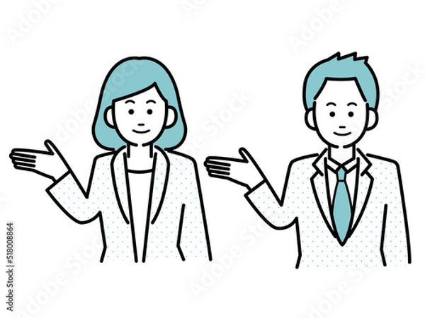 Obraz 右手で方向を示し案内や紹介をするスーツの男女のイラスト素材セット