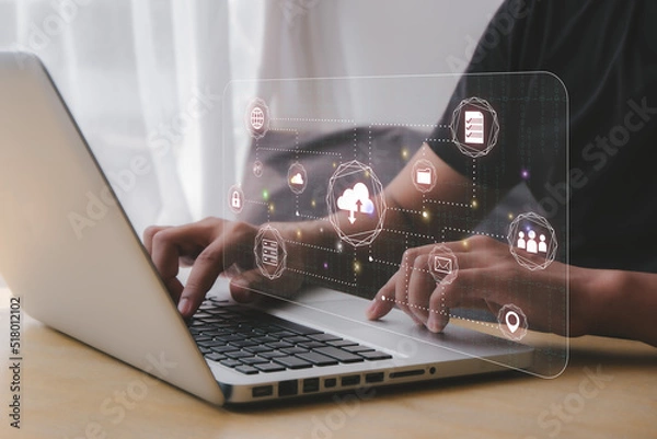 Fototapeta Business hands using computers connected to the cloud  cloud computing concept  cloud technology database technology internet network service  file access  Document sharing and storage