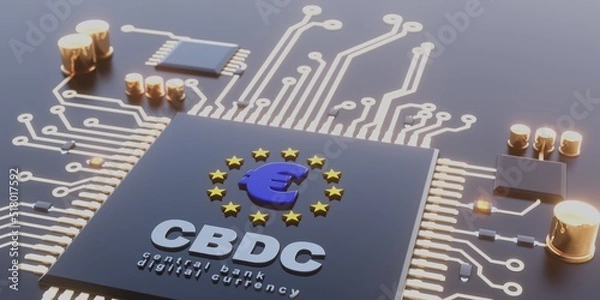 Fototapeta Circuit board processor and Euro coin digital currency 3D render background illustration