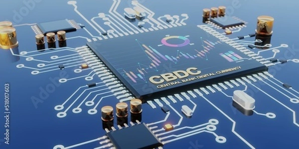 Fototapeta Circuit board processor and CBDC Central bank digital currency 3D render background illustration with stock market data chart.