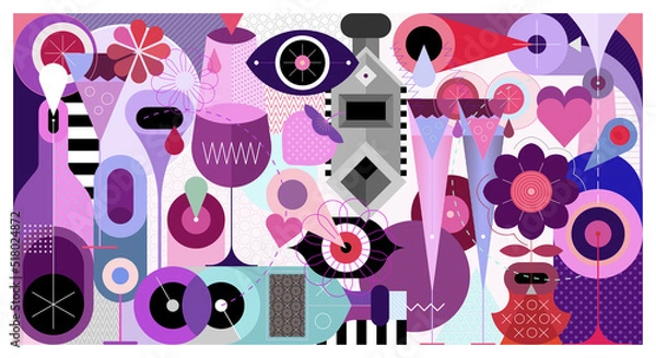 Obraz Artistic abstract design of cocktails, lemonades, glasses, bottles, abstract shapes and patterns. Vector illustration, cocktail party background.